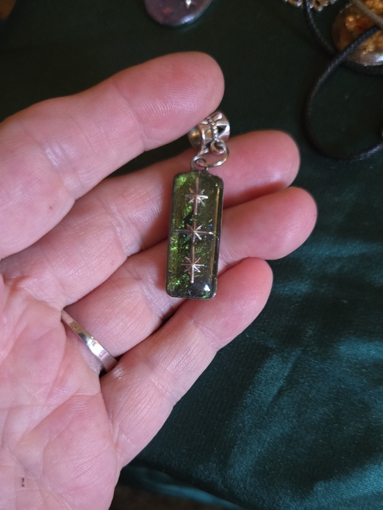 Hand Crafted Jewelry - Hand Craftef UV Resin Sparkling Green Iridescent Star Bar Pendant